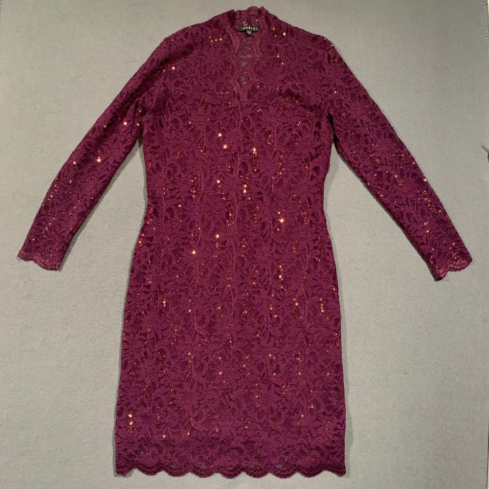 Marina Sheath Dress Sz 14 Plum Purple Sequined Floral Lace V Neck Wedding Guest